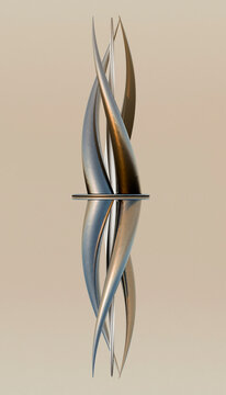 Abstract twisted metal sculpture with reflective surfaces on neutral