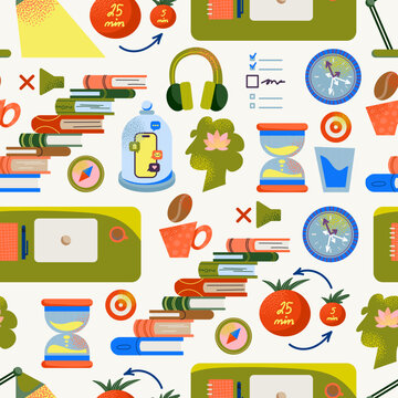 Pomodoro Technique Productivity Seamless Pattern with Tomato Timer, Books, Clock, Hourglass, Checklist, Headphones and Focus Icons