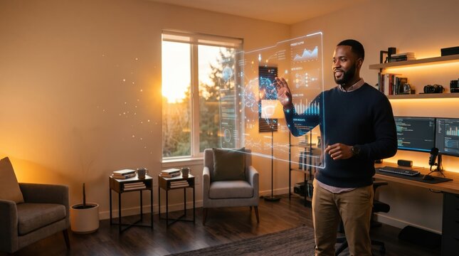 Wide shot of a male professional engaging with a holographic AI display in a home studio, warm sunset lighting, landscape format