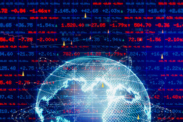 Obraz premium Glowing digital globe surrounded by red and blue stock market figures, percentage changes and data lines. Concept global finance, trading platforms, fintech analytics, investment reports and economic.
