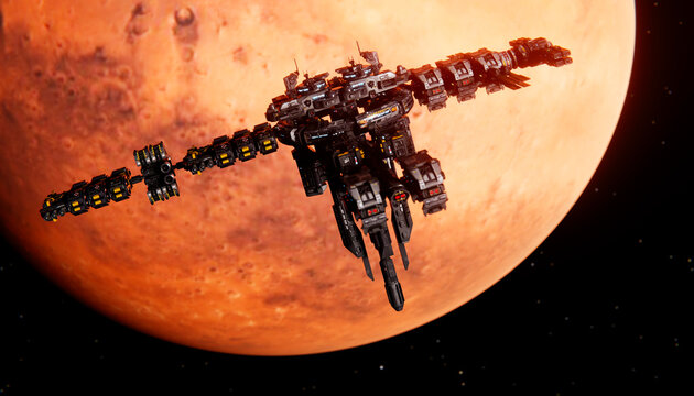 A futuristic space station orbiting a red planet in outer space