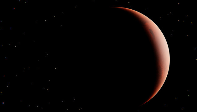 A crescent red planet with surface details seen