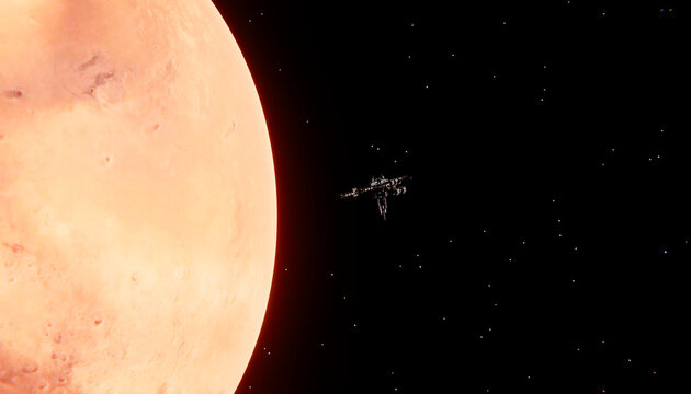 A large planet and a distant space station are depicted in outer space