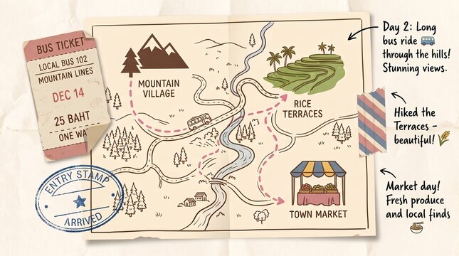 Hand drawn countryside travel map with bus ticket, rice terraces and mountain village
