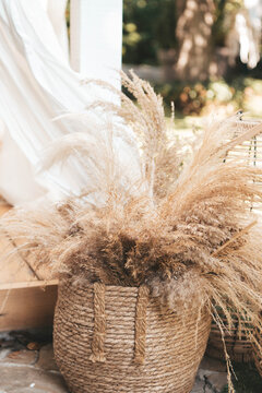 Dried pampas grass in a wicker basket, boho wedding decor