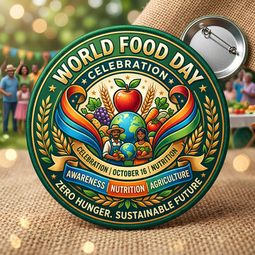 World Food Day badge with globe and various produce.