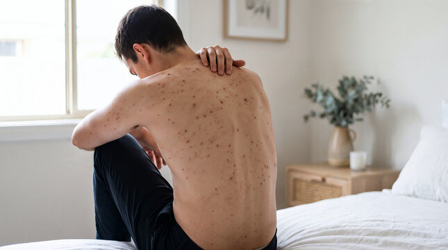 Shirtless man sitting on a bed with visible acne, blemishes and inflamed spots across his back, illustrating skin problems, dermatology concerns and irritation.