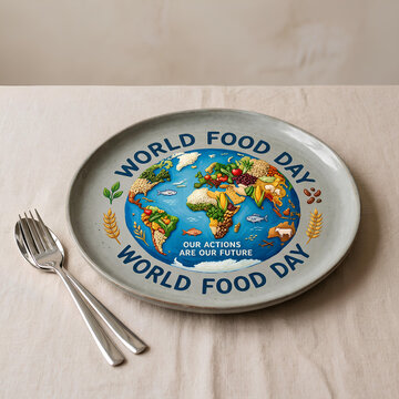 World Food Day ceramic plate with food map and cutlery