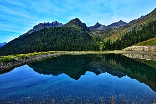 Austrian Alps - view of the Dias reservoir and the peaks of the Alps