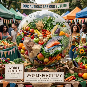 World Food Day display with globe filled with produce.