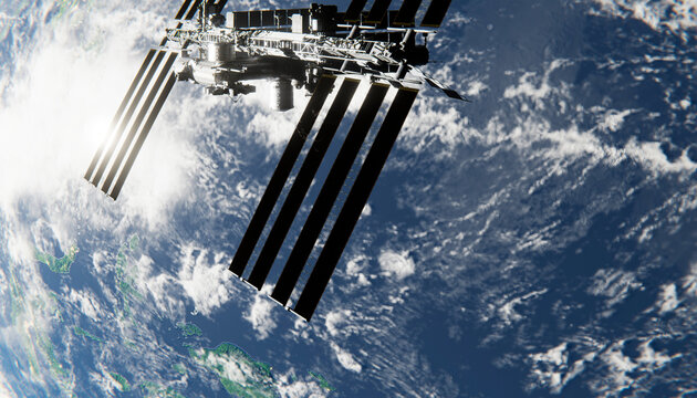 An orbital space station orbits earth with solar panels extended
