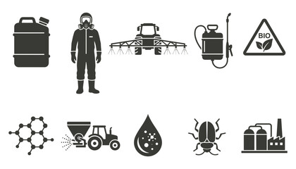 Agricultural Chemical and Pesticide Spraying Icon Set with Smart Farming Industry Equipment and Crop Protection Hazmat Safety Symbols for Agribusiness Designs © Nurchhana