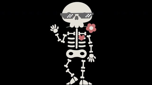 animated video happy halloween holiday festival with cool skeleton wearing pixel sunglasses, overlay transparent prores 4444 4K