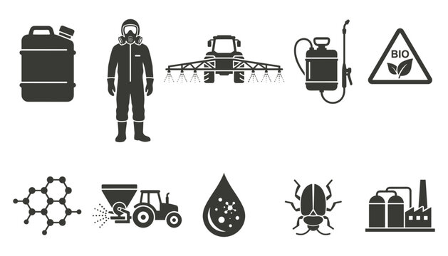 Agricultural Chemical and Pesticide Spraying Icon Set with Smart Farming Industry Equipment and Crop Protection Hazmat Safety Symbols for Agribusiness Designs