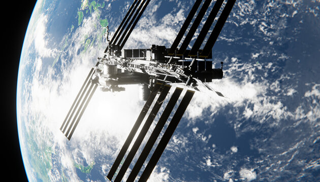 A space station orbits earth with solar panels extended in space