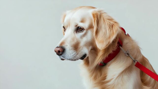 A heartbroken dog with a red collar and leash looks away from the camera.