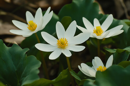 Closeup of white bloodroot flowers with yellow centers in a forest.