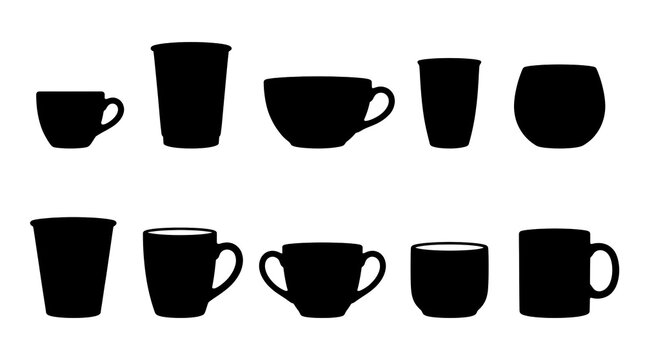 Everyday drinkware cups and mugs silhouette vector icon set including espresso cup, paper coffee cup, cappuccino cup, tumbler glass, ceramic mug, tea cup, soup bowl mug and handleless cup
