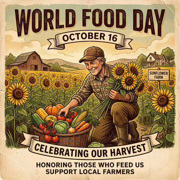 World Food Day farmer harvest celebration vintage style poster.