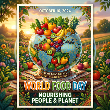 World Food Day globe illustration with diverse fruits