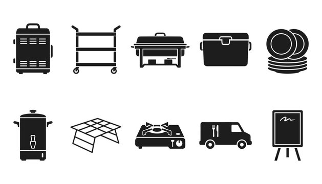 Professional Catering and Food Service Equipment Solid Icon Set Featuring Chafing Dish Rolling Cart Hot Box Cooler Plates Coffee Urn Table Portable Stove Truck and Menu Board