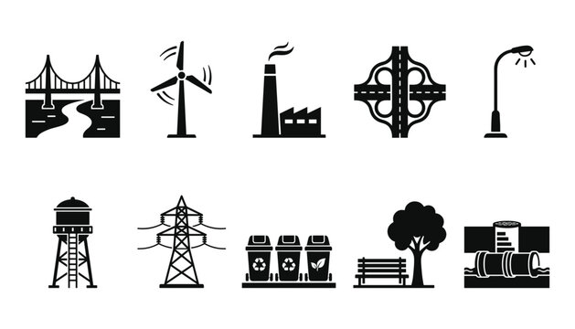 Urban Infrastructure and City Utilities Solid Icon Set Featuring Suspension Bridge Wind Turbine Factory Highway Interchange Streetlight Water Tower Power Line and Recycling Symbols