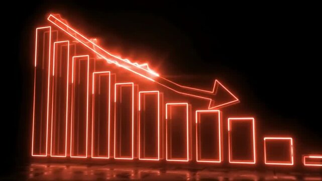 Neon red bar chart showing a downward trend with a falling arrow, symbolizing financial loss, market crash, and economic recession
