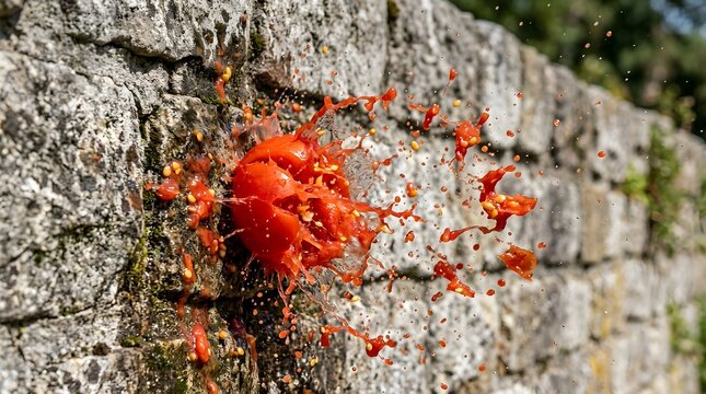 Red Ripe Tomato Exploding Against Old Stone Wall Capture During La Tomatina Festival Celebration