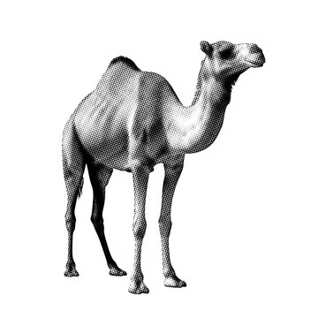 Dromedary Halftone camel standing with side profile during daylight isolated on transparent background