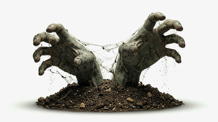 Fototapeta premium Zombie hands rising from soil ground reaching up, scary undead arms breaking out of grave dirt isolated on white background, Halloween horror decoration for spooky and creepy design concept