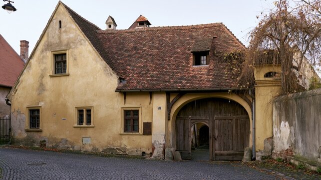 Weathered Saxon Farmhouse with Wooden Gate on Cobblestone Street