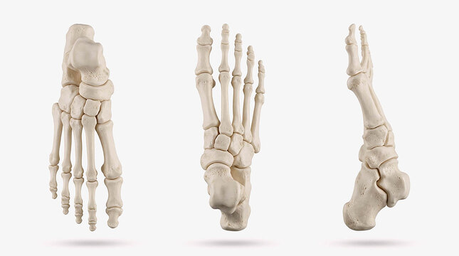 Human foot bones skeleton shown from three different angles, anatomical medical illustration of skeletal structure isolated on white background, educational science model for anatomy and healthcare 