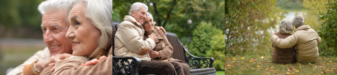 Fototapeta premium Happy elderly couple sitting on park bench and embracing outdoors