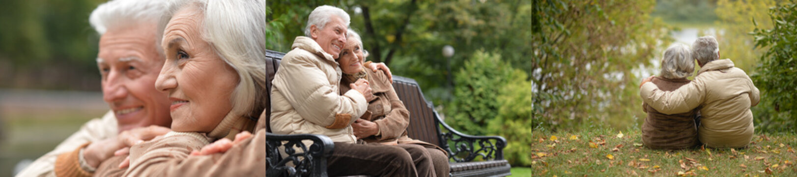 Happy elderly couple sitting on park bench and embracing outdoors