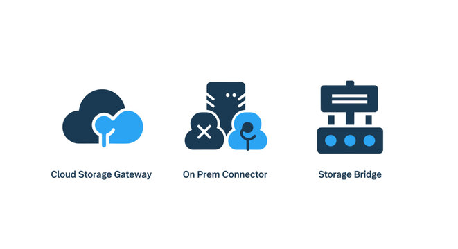 Cloud storage gateway on-prem connector and storage bridge icons in blue and dark gray colors representing data management and cloud computing with connector management computing technology