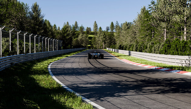 Race car driving down a forest-lined curved racetrack on a sunny day