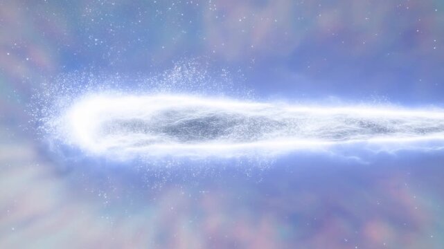 Glowing energy trail streaking through starry cosmic nebula with blue and purple hues