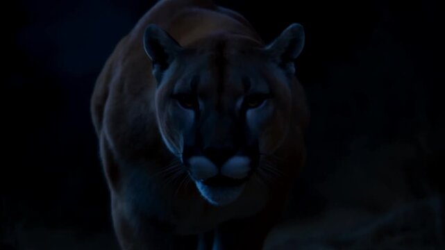 Cougar advancing across rocky ground in dark blue nighttime setting