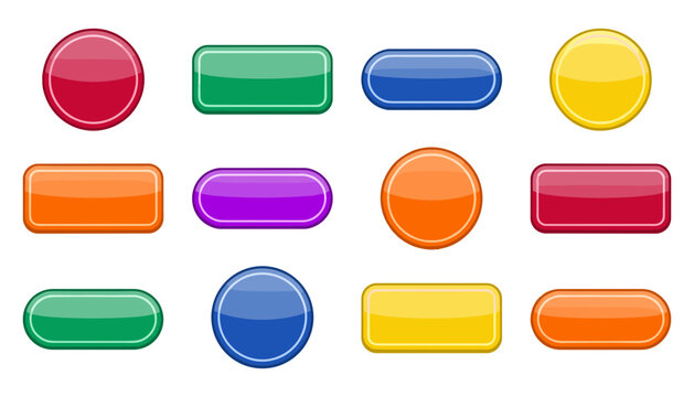 Glossy Colorful Web Buttons Icon Set with Blank Plastic Rectangular, Rounded, Oval, and Circular Glass Badges for Website User Interface Designs,