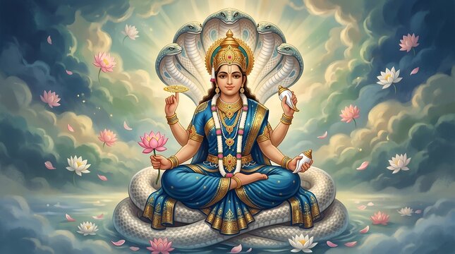 Deity of Vishnu Reclining on Shesha Naga, Symbolizing Protection and Cosmic Order for Diwali Navratri Dussehra Narasimha Vamana Kurma Varaha Parashurama Jayanti Anant Chaturdashi Devshayani ... 