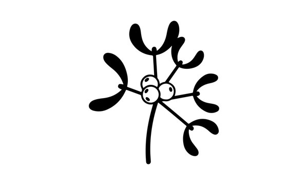 Minimalist black and white vector illustration of a traditional mistletoe branch with leaves and berries
