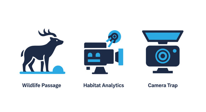 Wildlife passage habitat analytics camera trap icon set vector illustration with wildlife analytics technology illustration environment monitoring research conservation protection automatic