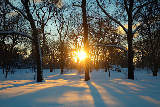 Golden hour sunbeams shining through snowy winter trees.