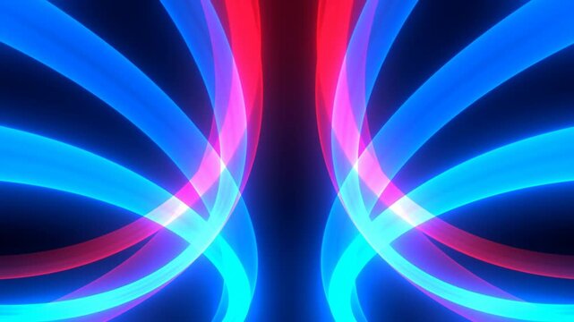 Glowing red and blue curved light trails forming a symmetrical abstract pattern on dark background