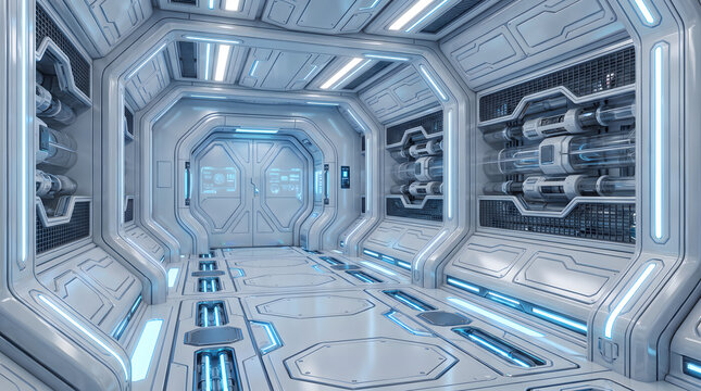 Futuristic sci-fi spaceship interior corridor with clean metal panels and glowing neon lights