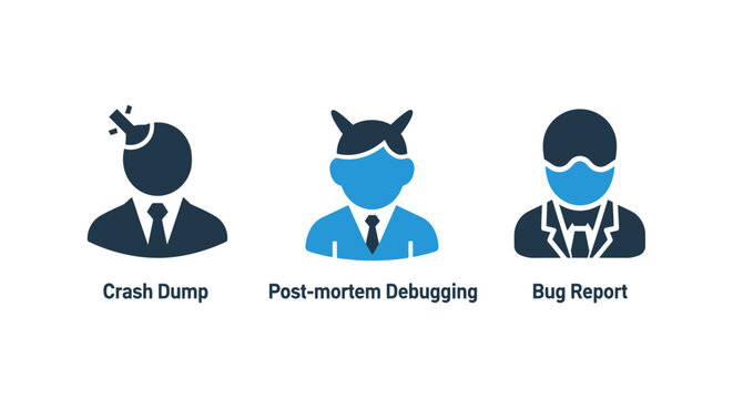 Vector icons representing crash dump post-mortem debugging bug report concepts debugging postmortem software troubleshooting analysis development programming technical document