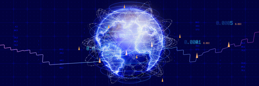 Digital glowing planet earth hologram with stock market trading graph and financial data on blue grid background. Global business network, fintech technology, big data or international forex trading.
