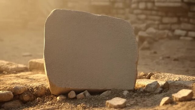 Large rectangular stone block resting on dusty rubble ground in warm sunlight beside weathered masonry