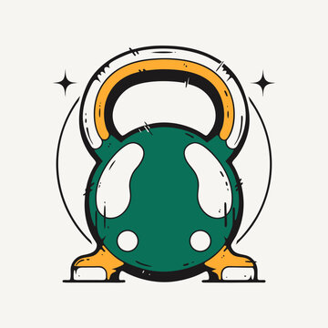 Vintage kettlebell fitness vector illustration, retro gym weight icon with green and yellow accents, athletic strength training graphic