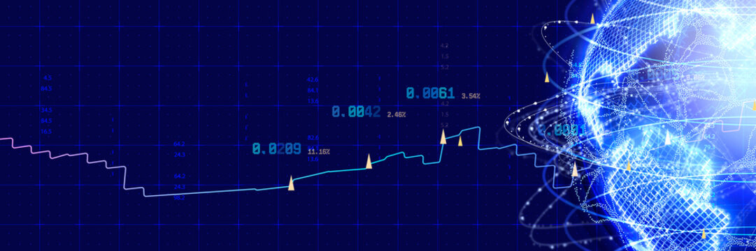 Global financial market data visualization featuring a digital globe, stock market charts, trading analytics. Concept financial statistics and technology background with copy space.